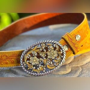 yellow Embossed Leather Belt Floral Enamel Buckle western 70’s trend NEW! Vtg